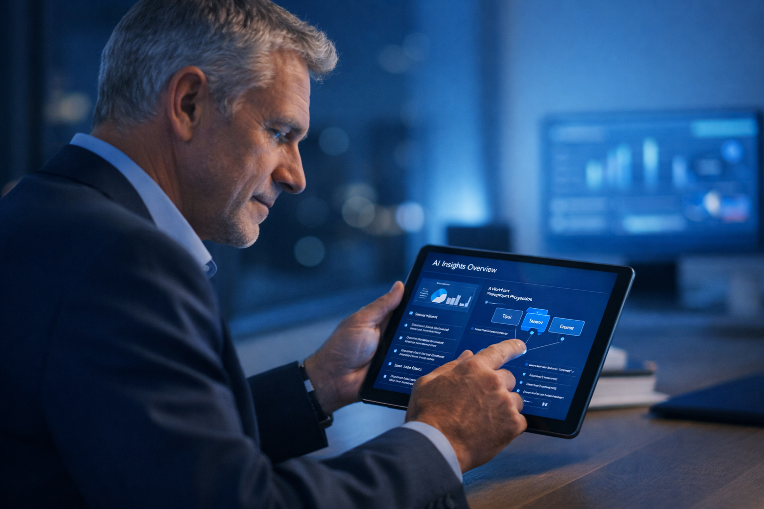 A senior executive reviewing an AI insights overview on a tablet showing the Radar, Pilot, Scale methodology